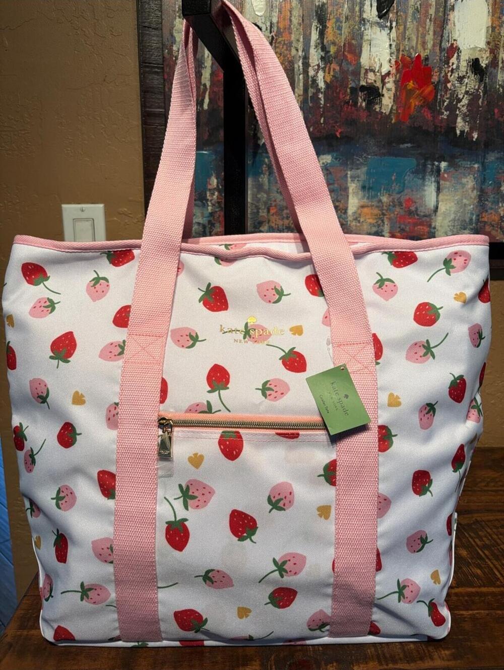 Kate Spade New York Strawberry Print Tote Bag with Pink Handles - New with Tags